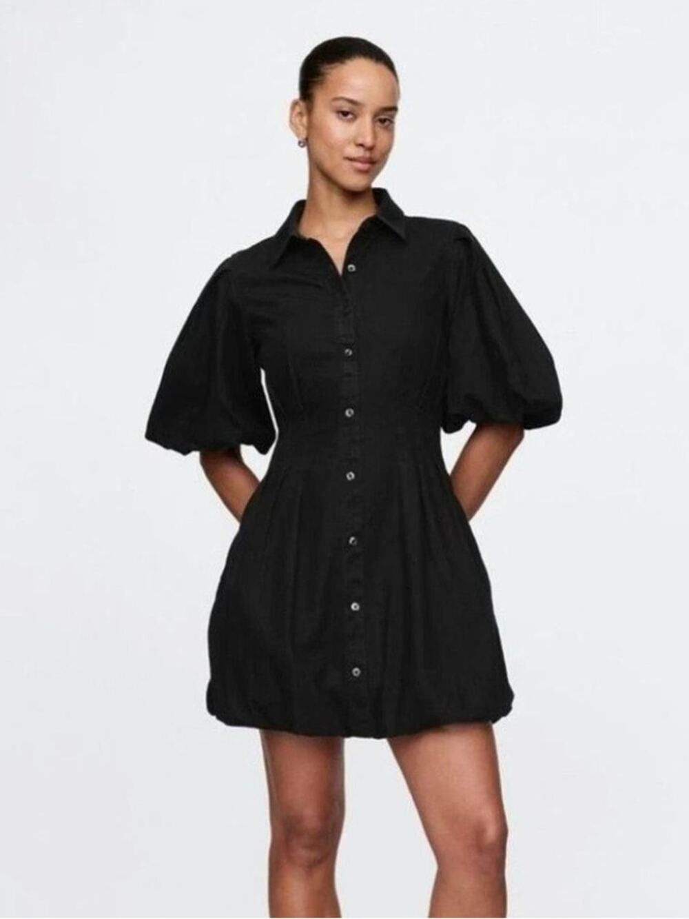 Gap Cotton Poplin Black Bubble Mini Shirtdress Puff Sleeve Dress Size Small NEW